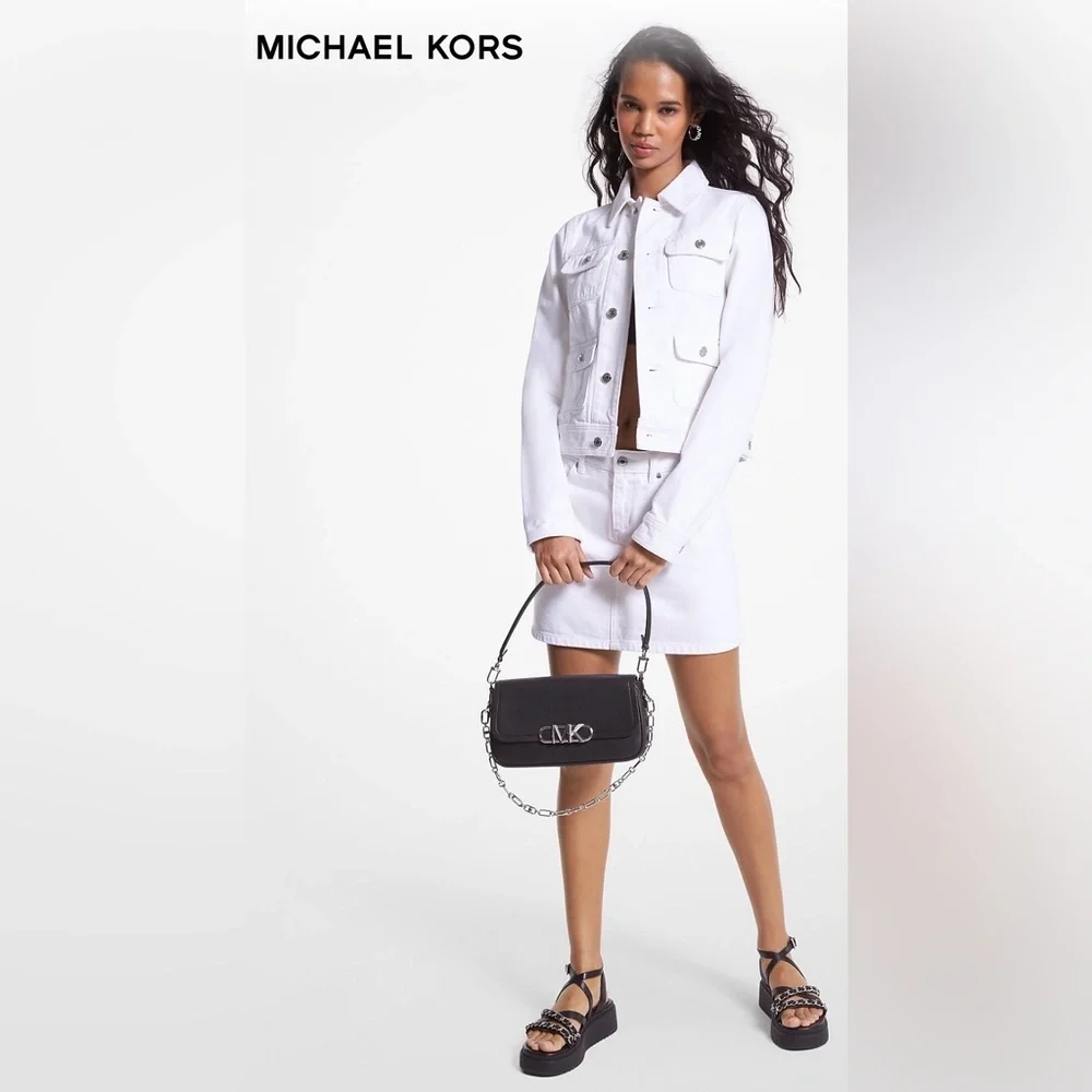 Michael Kors White Denim Utility Jacket Cropped Button Front 6